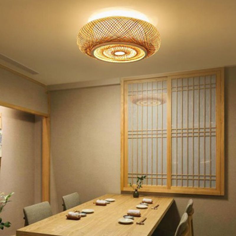 Bamboo Beige Flush Mount Ceiling Fixture Round Asian Flush Mount Ceiling Light Fixture