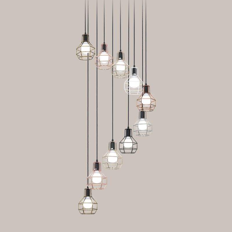 Metal Grenade Cage Suspension Light Minimalist Black Multi Light Pendant for Staircase