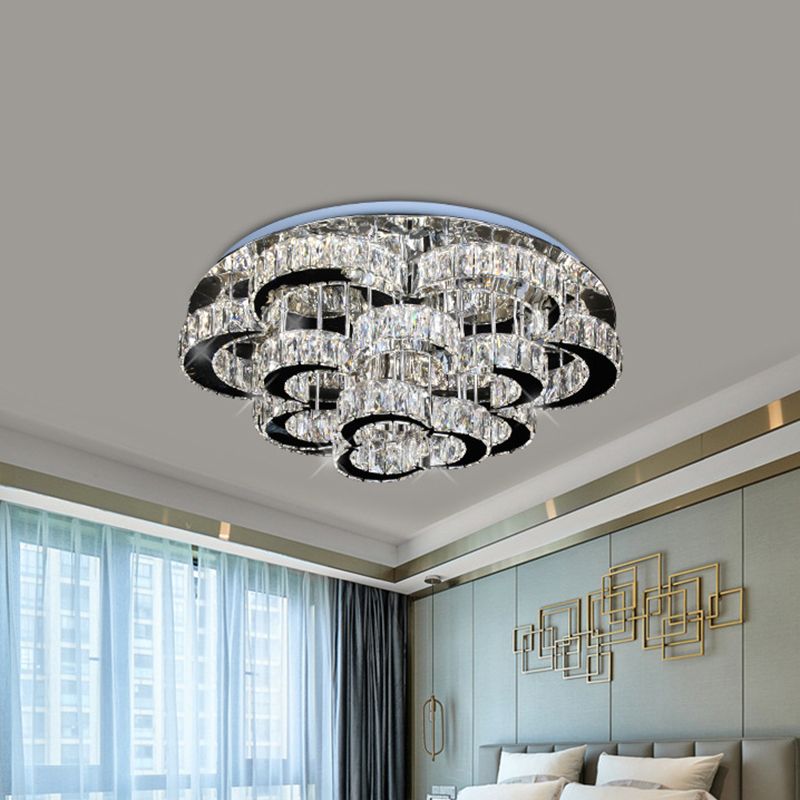 Tiered Floral Semi Flush Mount Modernist Crystal LED Parlor Ceiling Fixture in Chrome, Remote Control Stepless Dimming Light