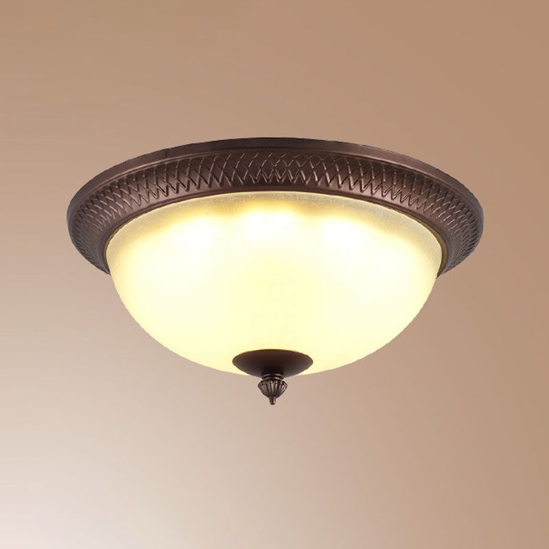 Brown Bowl Ceiling Fixture in Traditional Creative Style Wrought Iron Flush Mount with Glass Shade