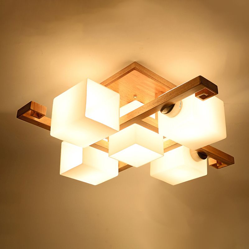 Plafonnier géométrique en bois semi-encastré artistique moderne avec abat-jour en verre blanc