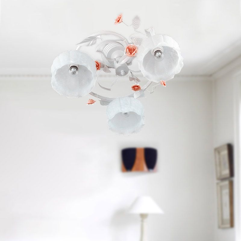 3 Lights White Glass Semi Flush Korean Garden Flower Living Room Close to Ceiling Lighting