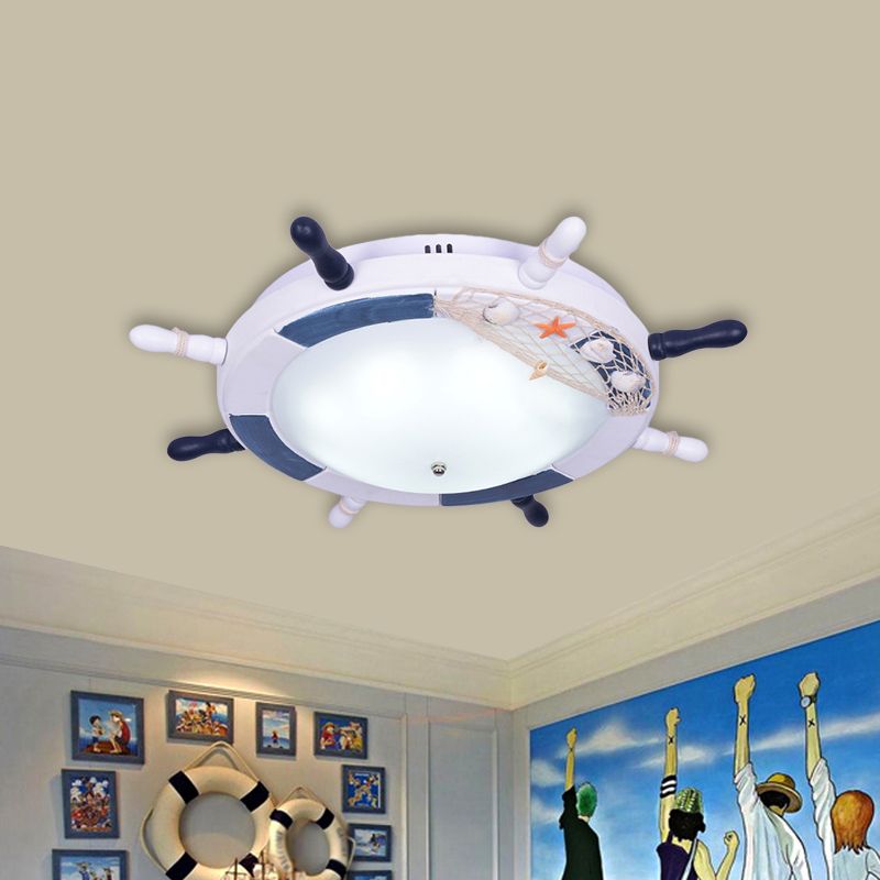 Blue Rudder Flush Ceiling Light Mediterranean LED Wooden Flush Mount with Bowl Glass Shade for Baby Room
