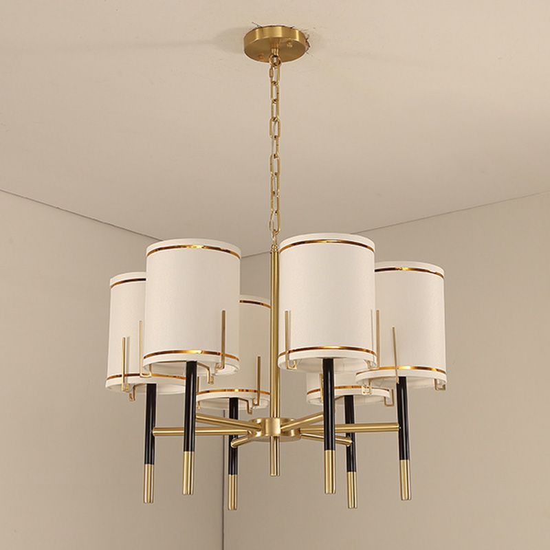 Cylindrical Shape Fabric Ceiling Lighting Modern Gold Chandelier Light Fixture for Living Room