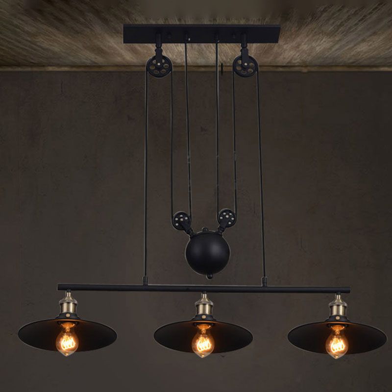 3 Lights Pulley Pendant Industrial Metal Black Hanging Island Light with Flared Shade