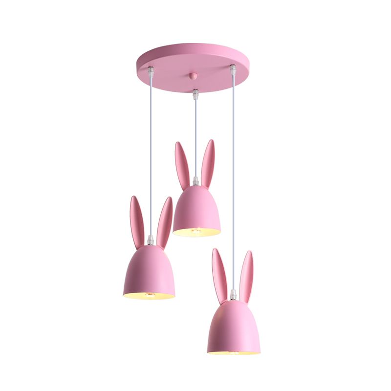 Pink/Blue Rabbit Shade Drop Cluster Pendant Light Cartoon 3 Lights Metal Hanging Lamp