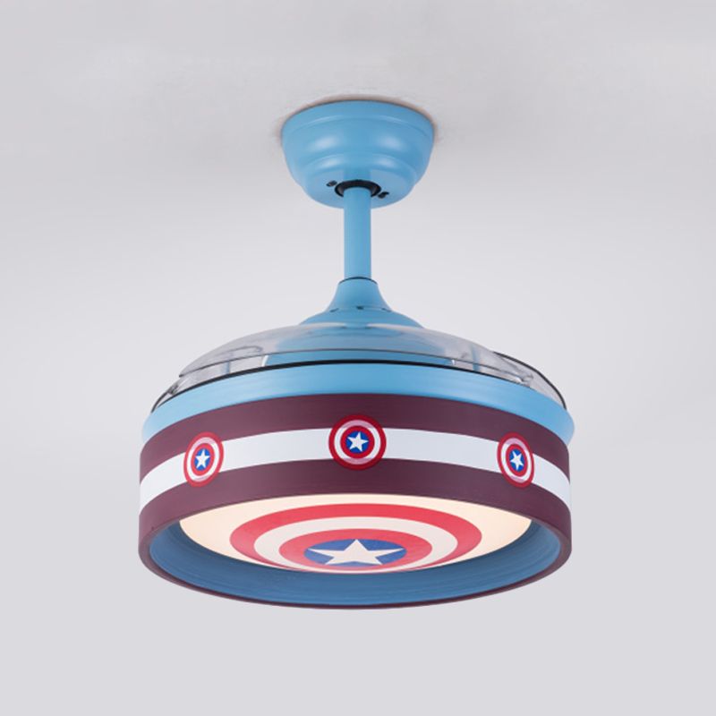 Roze/blauw ronde 3 bladen semi -flush light kids led metallic hangende plafondventilator lamp met heldenschildpatroon, 36 "breed