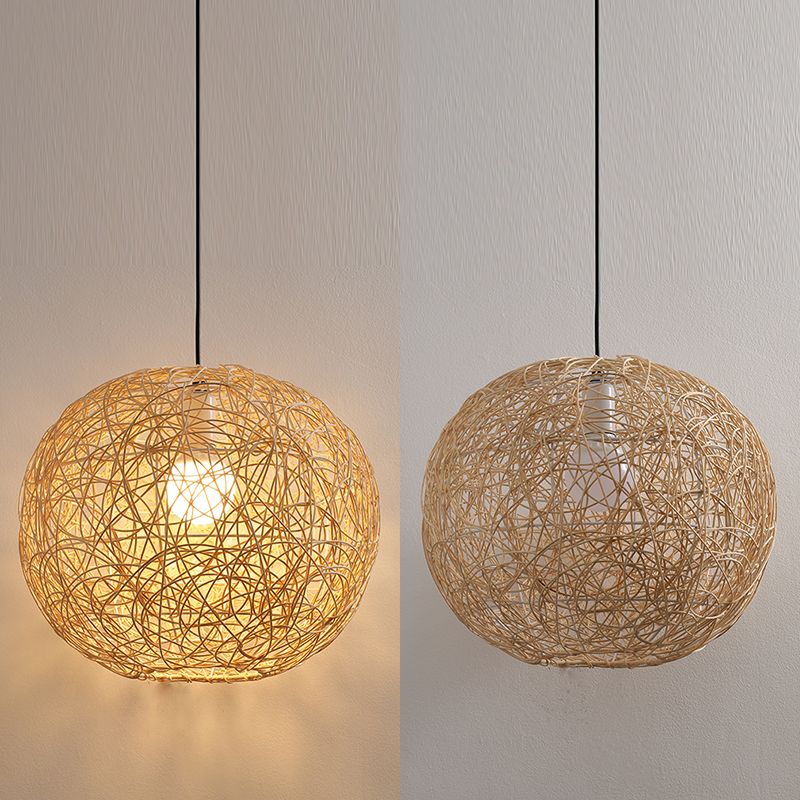 1 Leichte moderne kugelförmige Bambus -Anhänger Leichte ländliche hängende Lampe für das Wohnzimmer