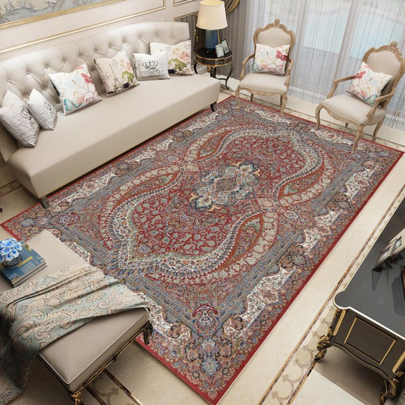 Mid-Century Washable Carpet Medallion Print Rug Polyester Anti-Slip Backing Carpet for Home Decor