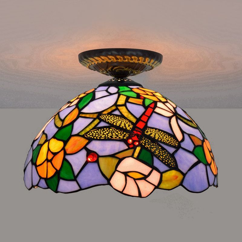 Lampe encastrée Tiffany Dragonfly, 1 ampoule, vitrail proche du plafond, luminaire en laiton