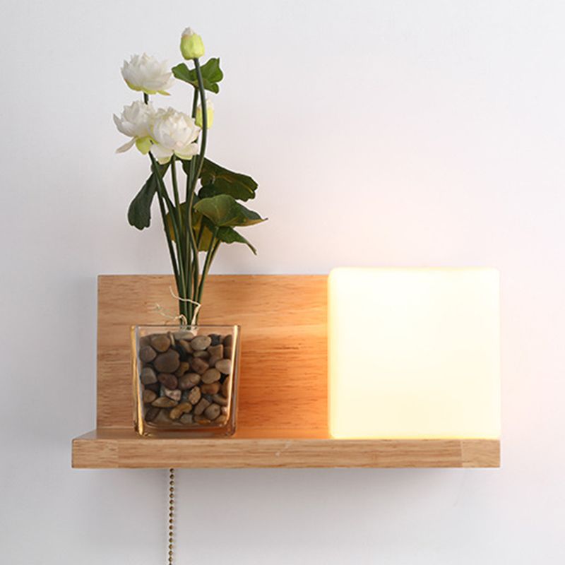 Nordic Style Solid Wood Wall Sconce White Square Glass Shade Wall Mount Light with Hand-pull Switch