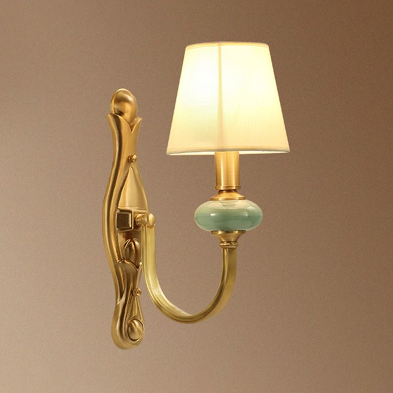 Contemporary Tapered Shape Sconce Fabric Single-Bulb Living Room Wall Light Fixture with Arc Arm in Gold