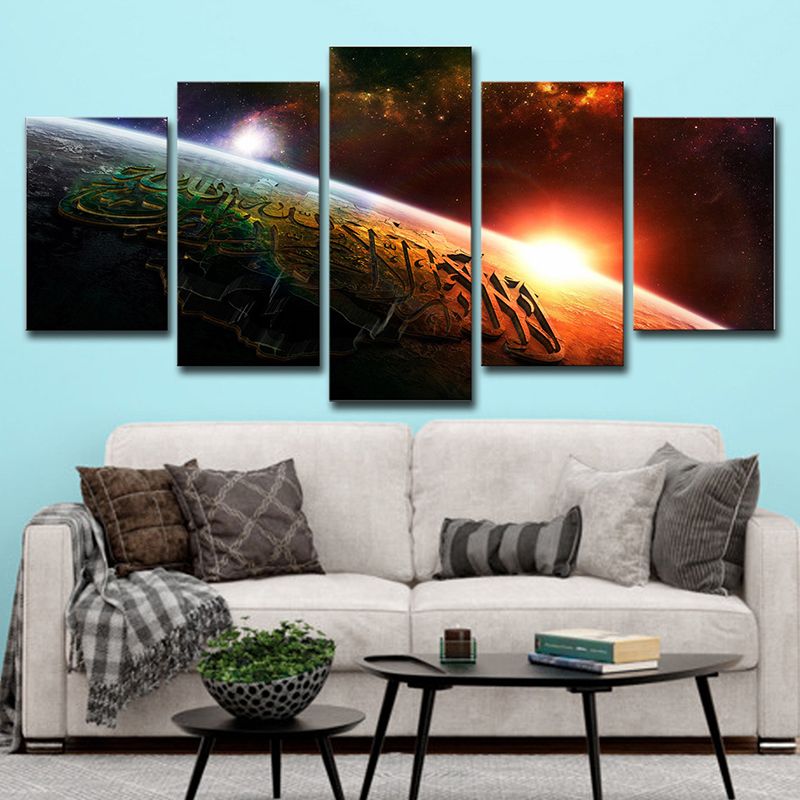 Childrens Art Boys Canvas Print with Allah Quran on Planet Pattern Orange Wall Decor for Home