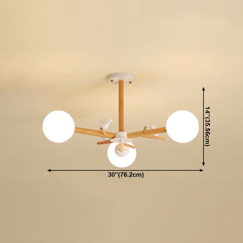 Wood Pendant Light Nordic Style Chandelier Lamp Fixture with Ball Glass Shade