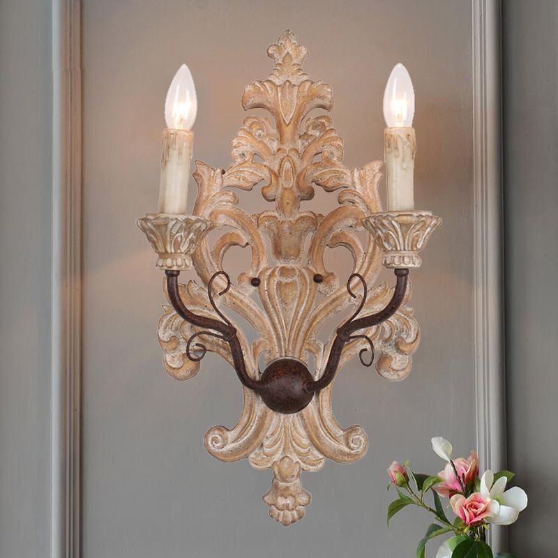 Distressed White Candle Wall Lighting Classic Wood 2-Light Porch Wall Mounted Light Fixture