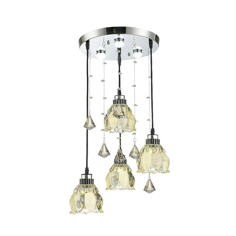Crystal Lotus Shade Multi Pendant Lamp Fixture Contemporain 4 Bulb Chrome Hanging Light Kit