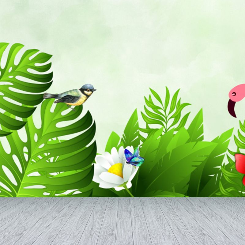 Flamingo and Leaves Mural Wallpaper Green Tropical Wall Covering for Living Room
