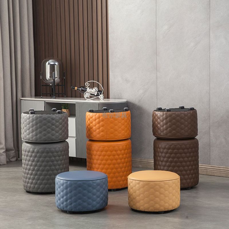 Stylish PU Ottoman Solid Color Water Resistant Round Footstool Ottoman