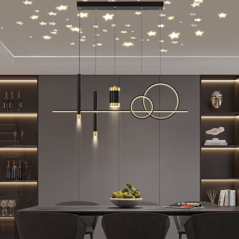 Black Metal Island Light Fixtures Modern Multi-Head Geometry Restaurant LED Hanging Lamps