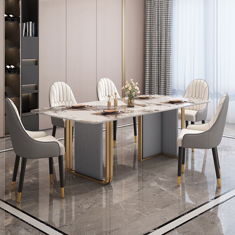 Modern Sintered Stone Dining Table Set with Rectangle Table and Metal Base Dining Set for Home Use