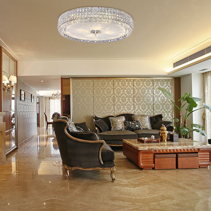 16"/19.5" W Drum Flush Mount Lamp Contemporary Clear Crystal Multi-Head Flush Mount Ceiling Light in Chrome