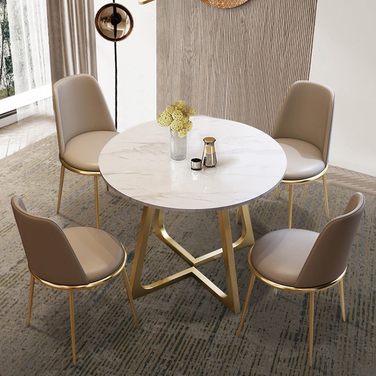 Glam Stone Round Dining Table Double Pedestal Table for Dining Room