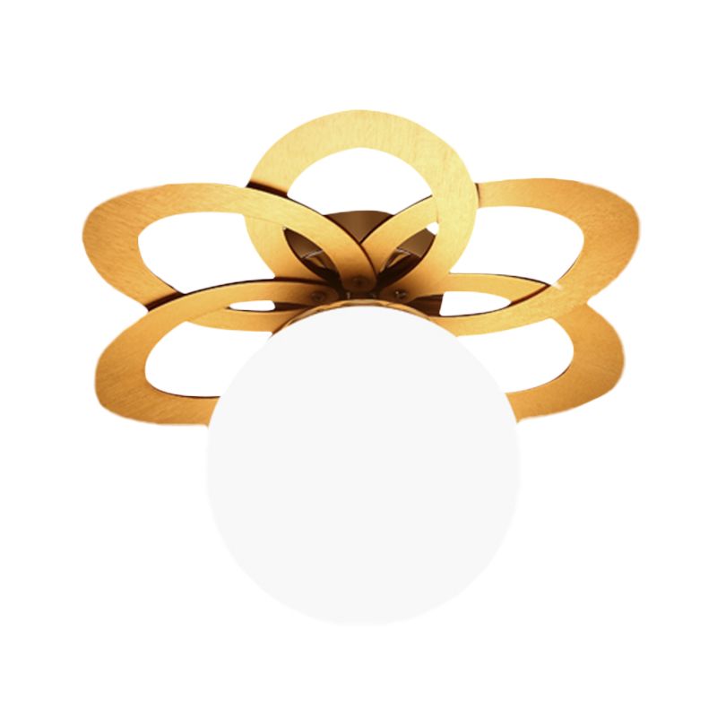 White Frosted Glass Orb Flush Light Modern 1 Light Flush Ceiling Lamp with Gold Flower Canopy