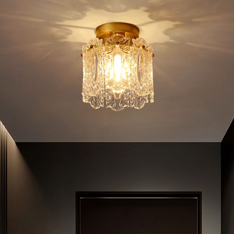 Drum Shape Flush Ceiling Lights Modern Style Glass 1 Light Flush Mount Fixture in Gold