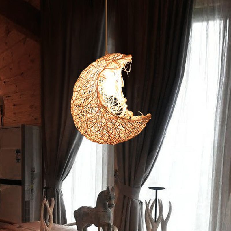 Crescent Shaped Rattan Pendant Light Modern 1 Head Wood Hanging Light for Restaurant