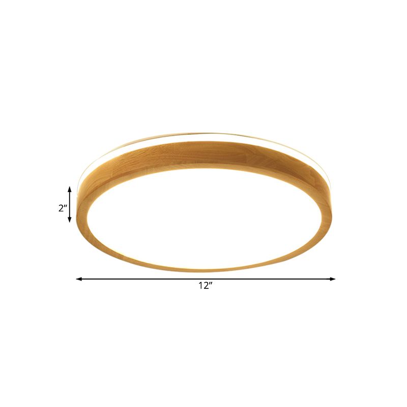 12"/16"/19.5" Wide Round Wood Flush Mount Modernist 1 Light Beige Led Flush Ceiling Light Fixture with Frosted Diffuser in Natural Light