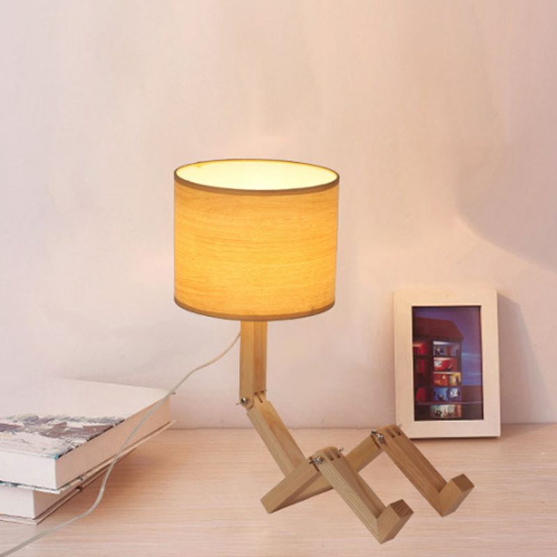 Man-Shaped Table Lamp Novelty Modern Wood Single Beige/Black/White Night Light with Book Rack Design and Cylinder Fabric Shade