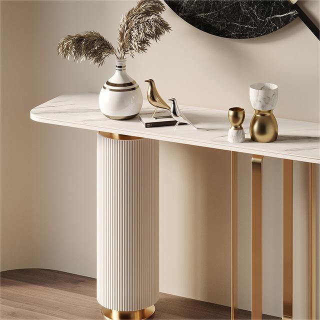 Glam Stone Console Sofa Table Rectangle Metal End Table for Hall