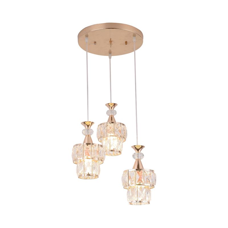 Gold 2 Layers Cluster Light Pendant Modern 3-Head Beveled Crystal Block Hanging Lamp Kit
