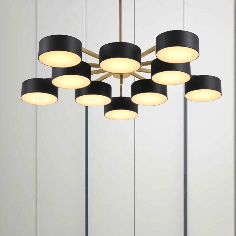 Drum Pendant Light Post Modern Metal 3/5/6/10 Lights Black/Gold Chandelier Light for Living Room
