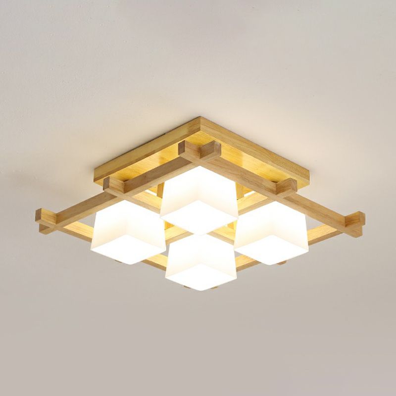 White Glass Cube Ceiling Flush Light Modern Style Semi Flush Mount Lighting with Wood Grid