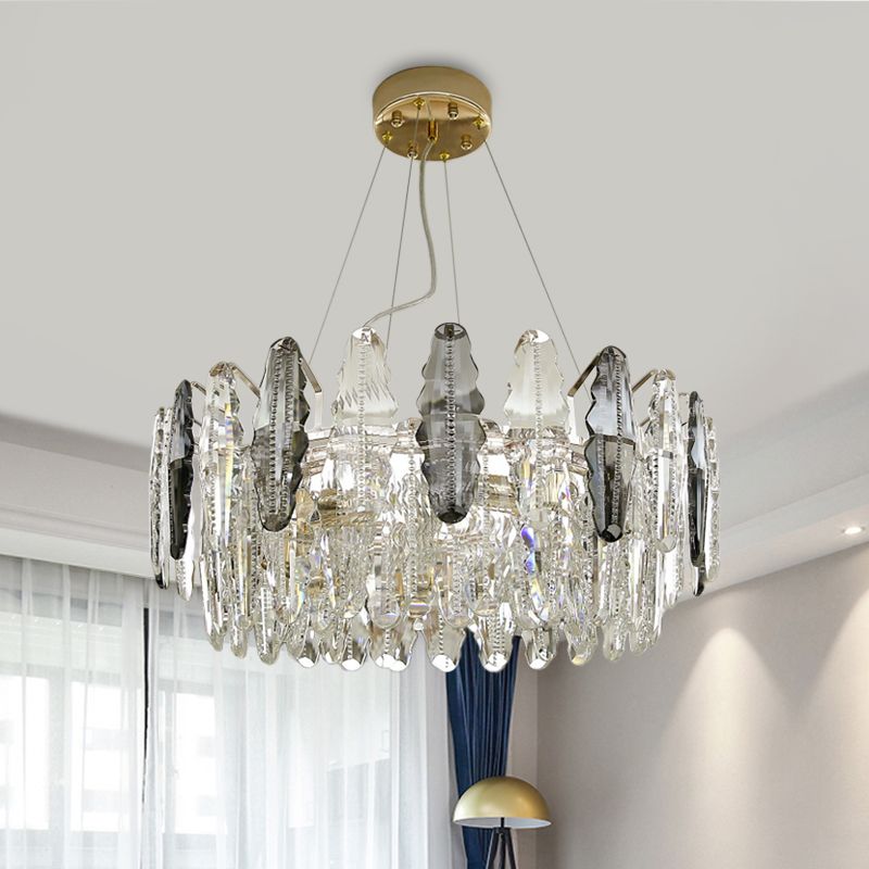 Modernist 2 Tiers Suspension Lighting 6 Heads Clear and Smoke Gray Crystal Chandelier Light