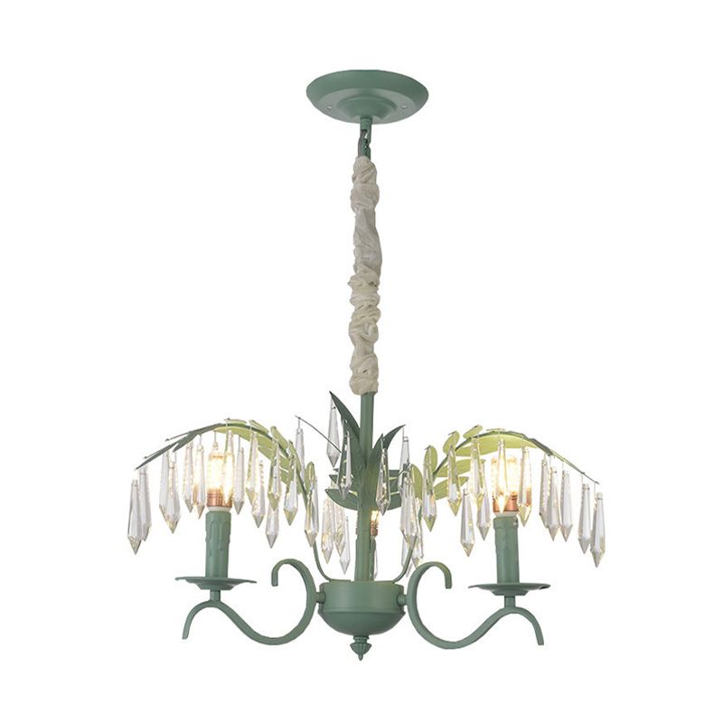 Metal Candle Hanging Light with Leaf & Crystal Restaurant 3 Lights Nordic Chandelier in Green