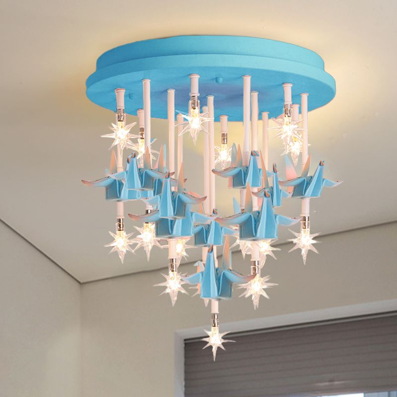 Resin Horse/Bird/Crane Ceiling Light Fixture Kids 13/16 Lights Blue/Pink Flush Mount Lighting with Clear Glass Shade
