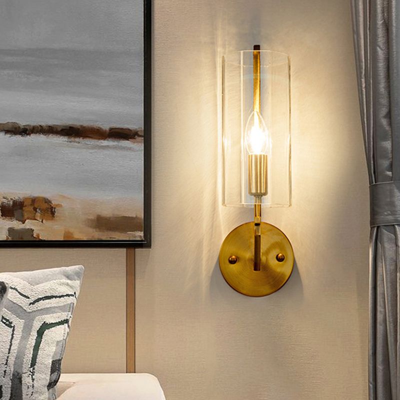 1/2 Bulbs Tube Sconce Lamp Tradition Clear Glass Wall Lighting Fixture in Gold for Bedside