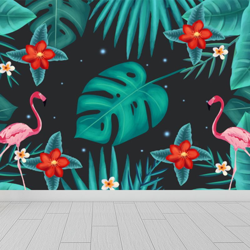 Tropica Flamingo Twins and Leaves Mural Non-Woven Washable Green Wall Art for Kitchen