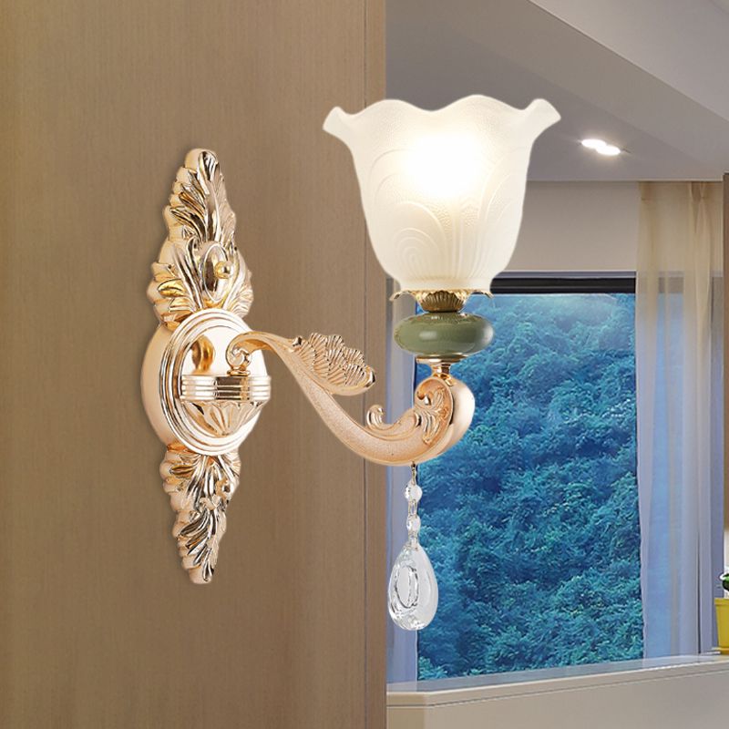 Traditional Ruffle Shade Wall Light 1/2-Bulb Opal Frosted Glass Sconce Lighting in Gold