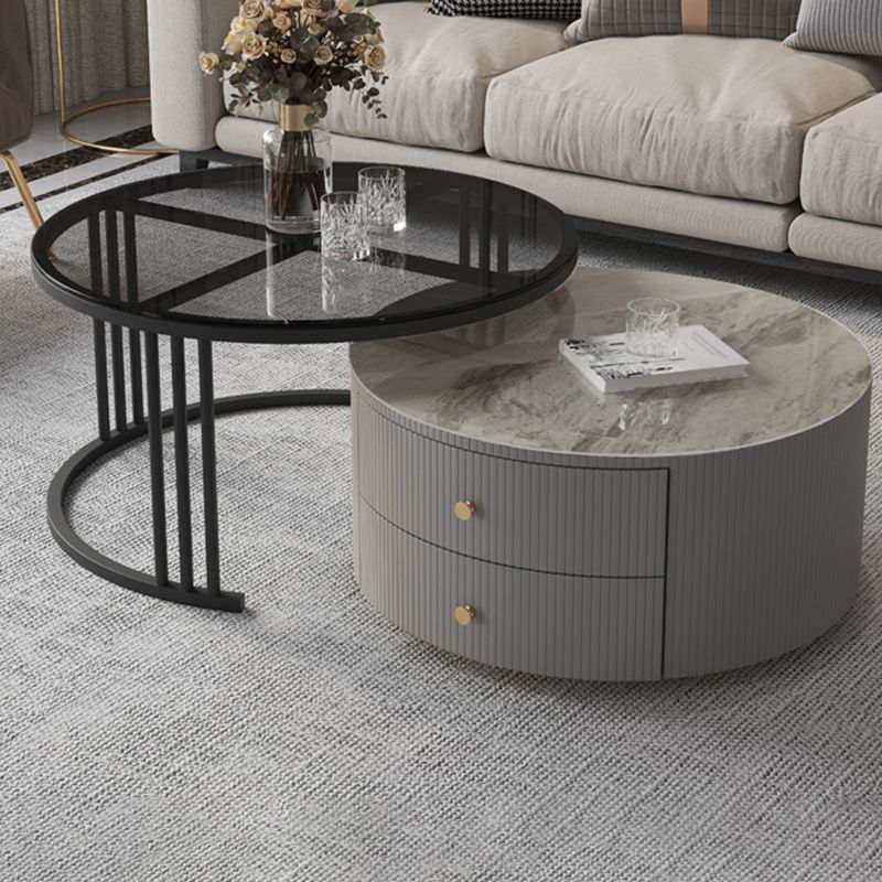 Contemporary Cocktail Table Round Glass / Slate Coffee Table with Drawers