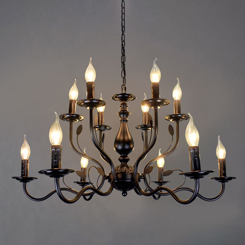 2-Layers Living Room Large Chandelier Traditional Style Candlestick Styling Wrought Iron Lighting Fixture in Black