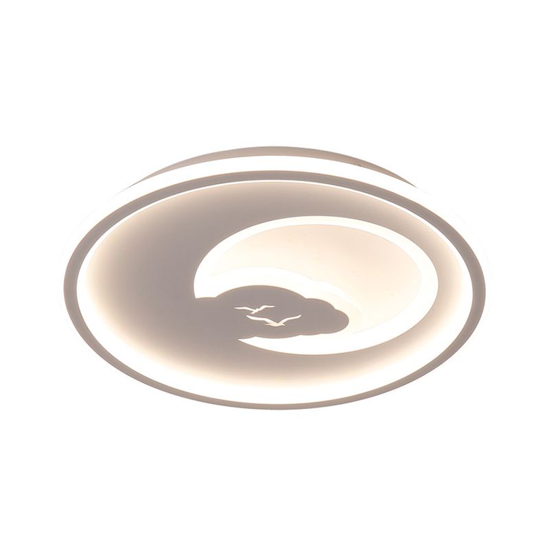 Pink/White Circle LED Ceiling Fixture Modern 16"/19.5" Dia LED Acrylic Flush Mount Light with Moon and Bird Pattern, Warm/White Light