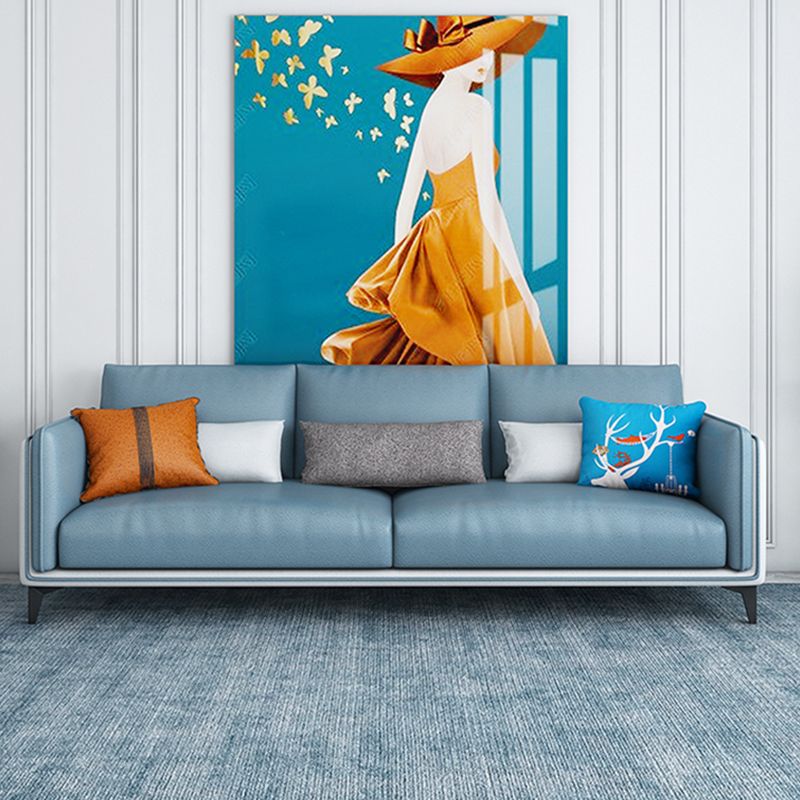 Zeitgenössisches gepolstertes Sofa Blue genähte Kissen Rückencouch mit Smokingarm