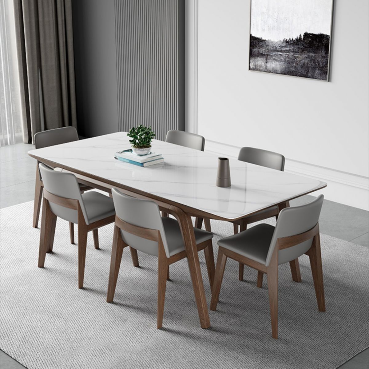 Industrial Rectangle Dining Table Sintered Stone Table with Wooden Legs