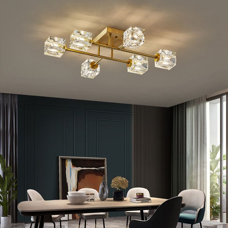 Zeitgenössischer Würfel Flush Light Crystal Flush Mount Deckenbestand in Gold