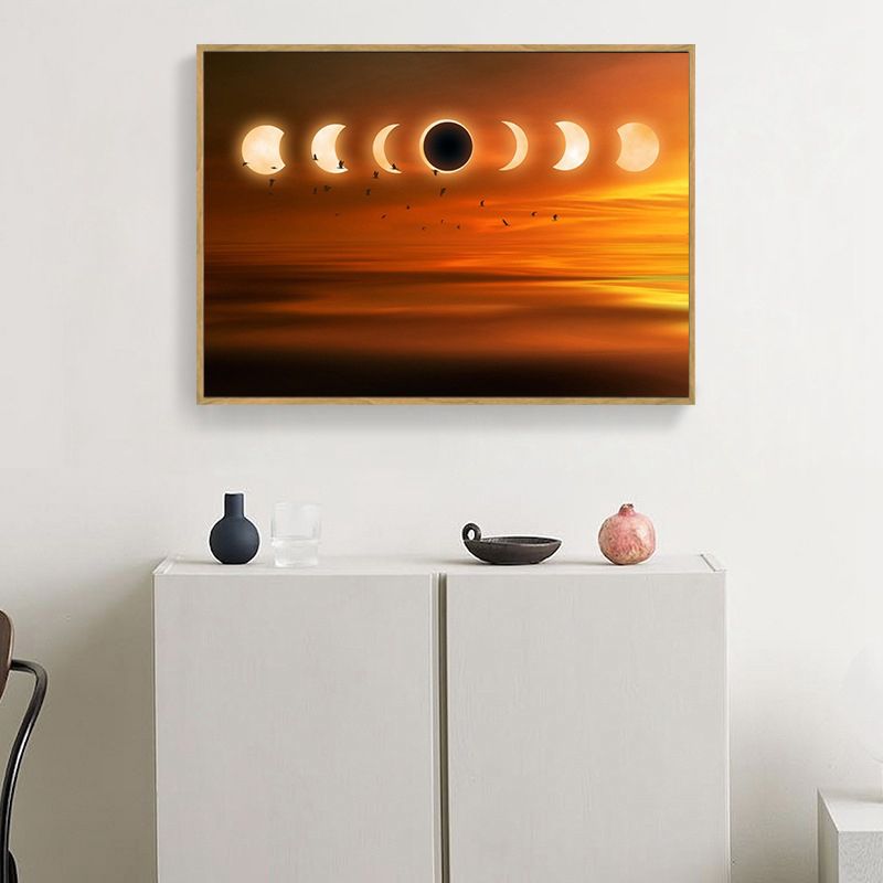 Kids Style Moon Eclipse Canvas Orange Child Bedroom Wall Art, Textured Surface