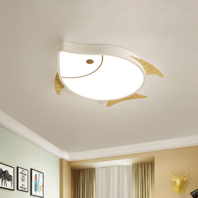 Cartoon Fish Flush Mount Lighting Acrylic Nursery School LED Ceiling Lamp in White/Pink/Blue and Wood