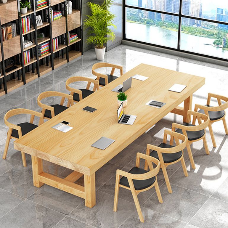 Modern Rectangle Office Table Solid Wood Trestle Base Meeting Desk